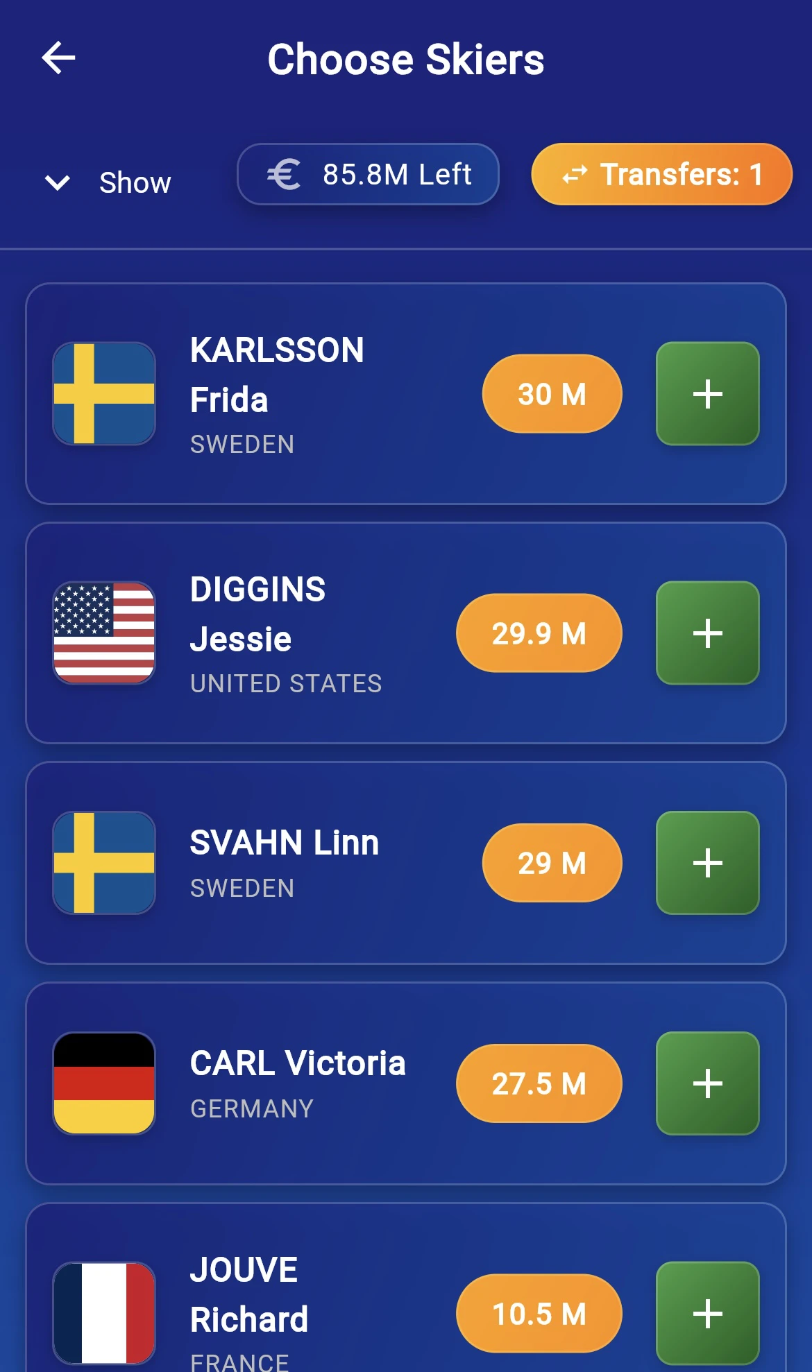 Select skier screen
