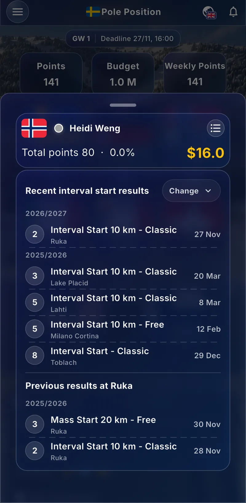 Cross-Country Fantasy athlete card with recent results