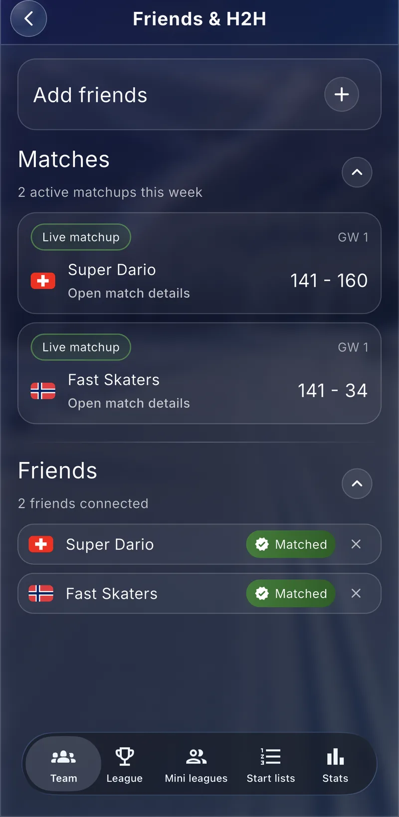 Cross-Country Fantasy friends list with head to head matchups