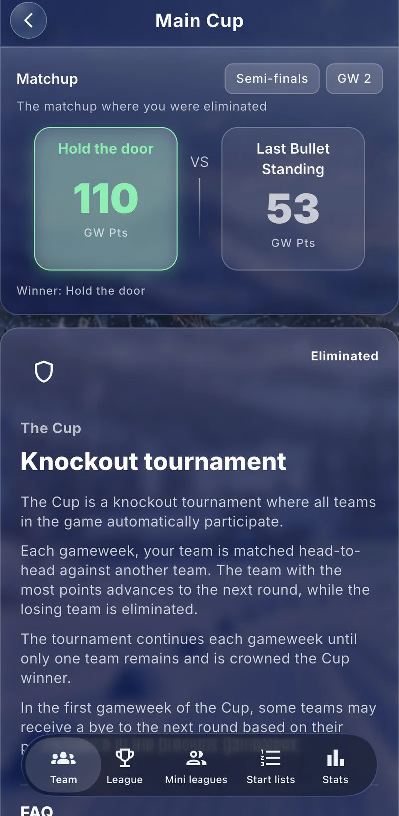 Cross-Country Fantasy Cup matchup in a knockout round